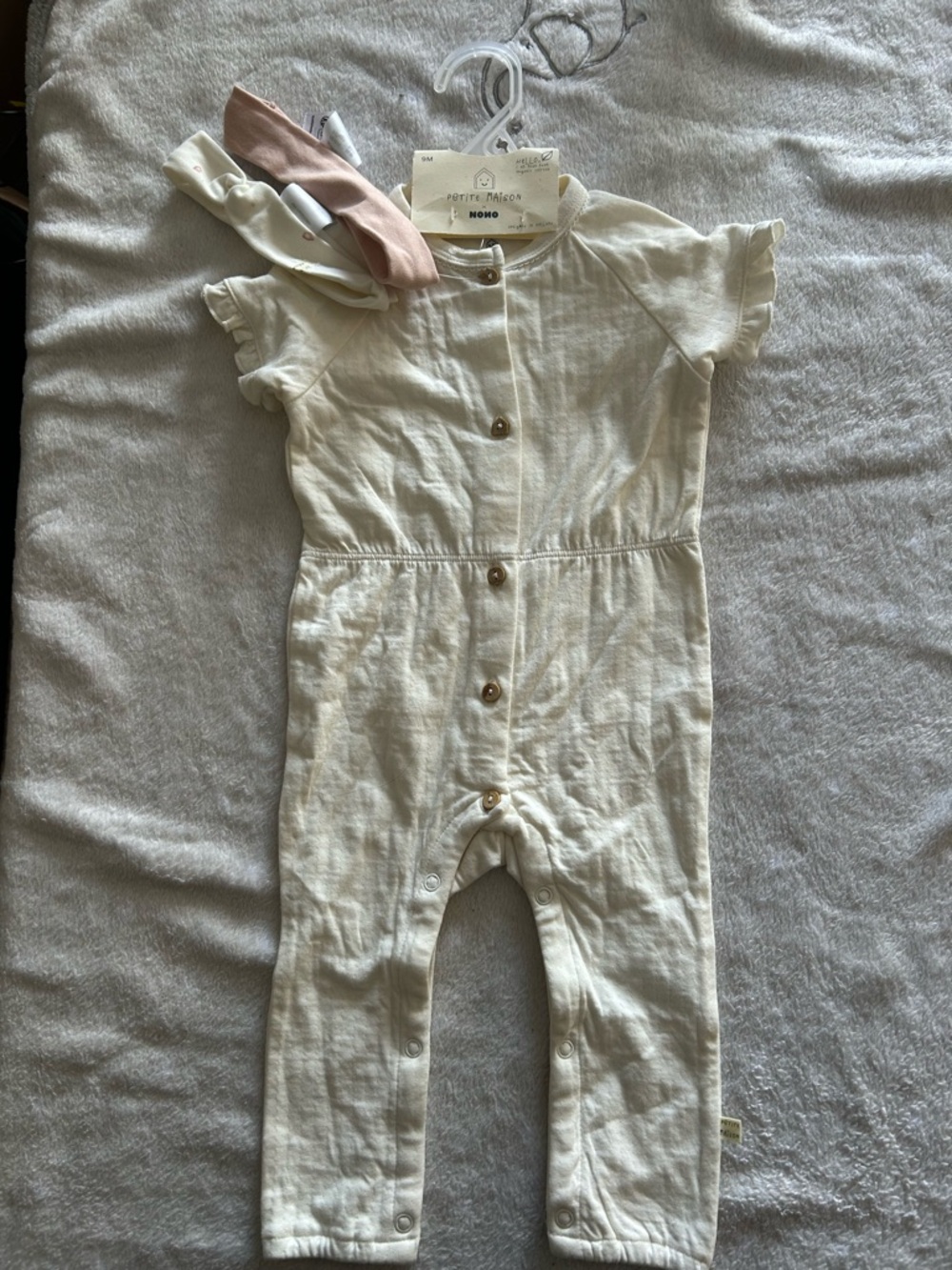 Organic cotton Neutral Cream Cotton Baby Romper with Matching Headbands